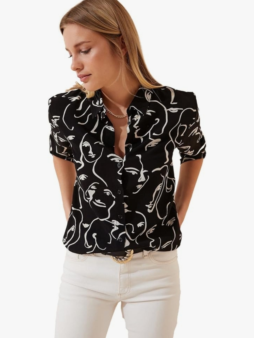 Black Abstract Face-Print Button Down Shirt
